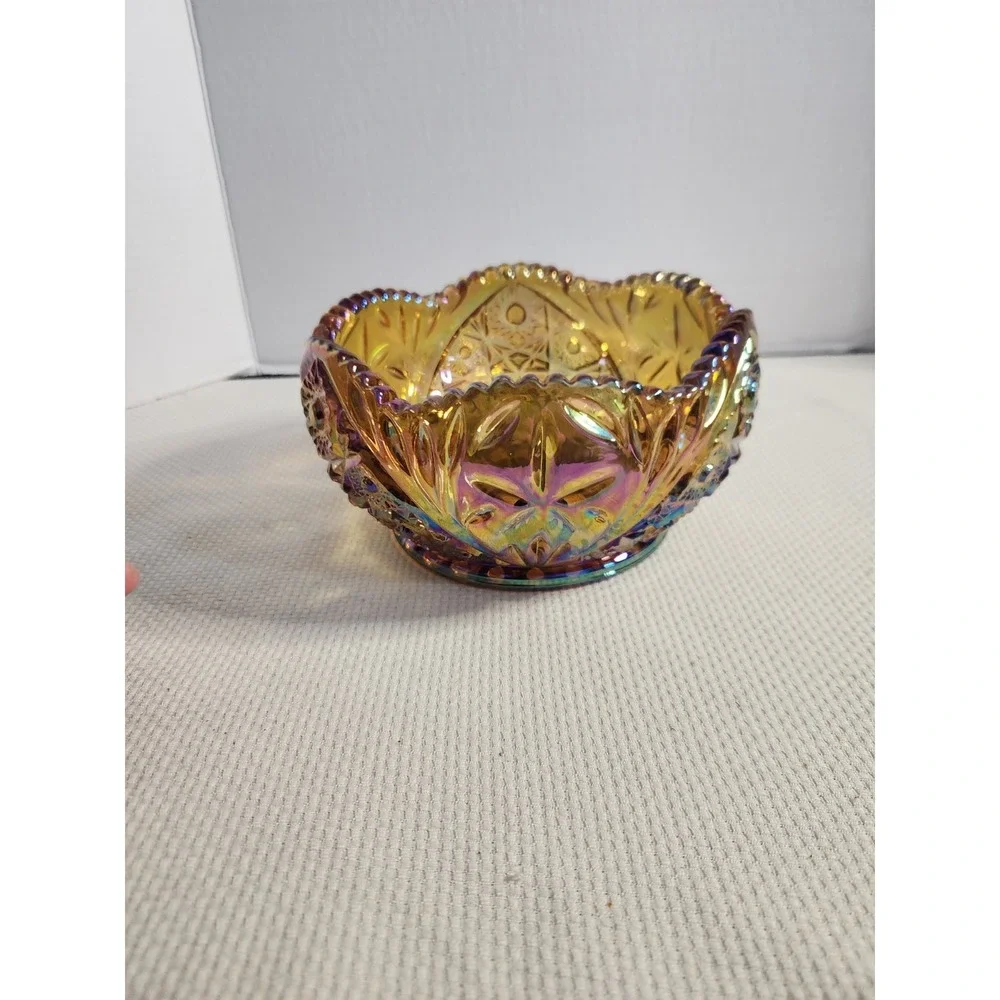 VTG LE Smith Hobstar Daisy Amber Carnival Glass‎ Bowl Sawtooth Great Condition